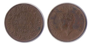 1940 One Quarter Anna Coin